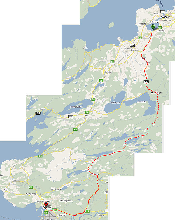 Alternativ rute fra Levanger til Stjørdal (eller motsatt)